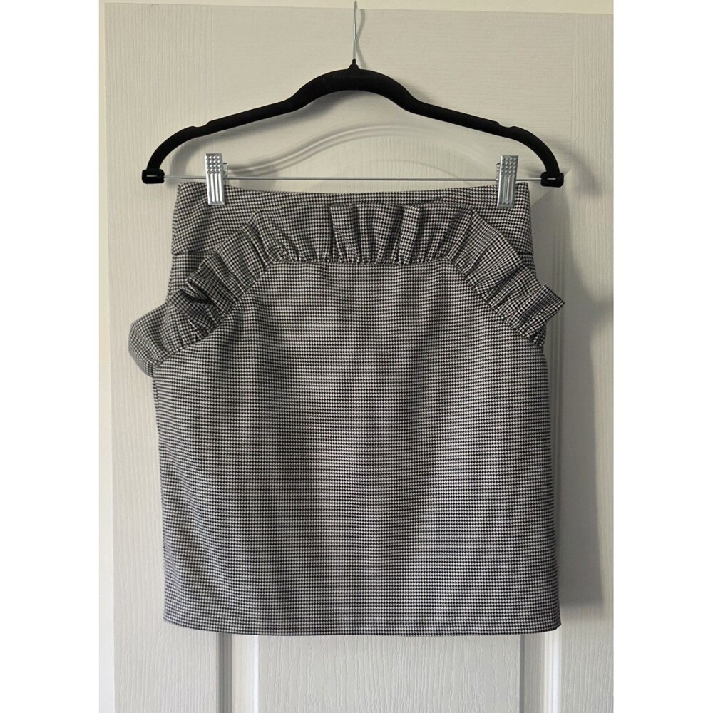 H&M Black White Houndstooth Mini Skirt US 8 Ruffle Trim Pencil Office Chic